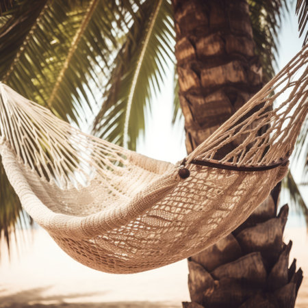 Wicker hammock on beach with palm tree, created using generative ai technology. Vacation at the beach in a wicker hammock concept digitally generated image.の素材