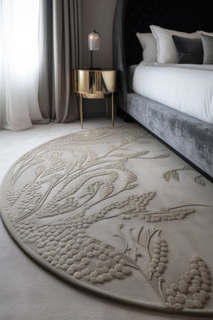 Beige round rug with floral pattern on floor in bedroom, created using generative ai technology. House interior design, decorations and textile concept digitally generated image.の素材