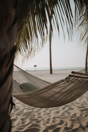 Wicker hammock on beach with palm trees, created using generative ai technology. Vacation at the beach in a wicker hammock concept digitally generated image.の素材