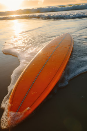 Orange surfboard lying on beach at sunset, created using generative ai technology. Surfing, sports, hobbies and vacation concept digitally generated image.の素材