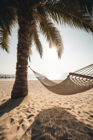 Wicker hammock on beach with palm tree, created using generative ai technology. Vacation at the beach in a wicker hammock concept digitally generated image.の素材