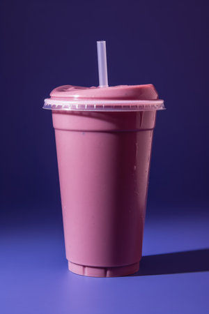 Pink smoothie on purple background, created using generative ai technology. Fruit smoothie, food and drink, healthy eating concept digitally generated image.の素材