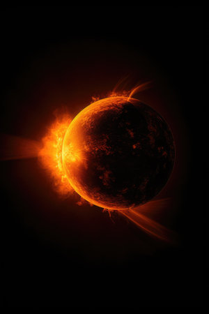 Glowing red sun with light trails on black background, created using generative ai technology. Space, stars, energy and light concept digitally generated image.の素材