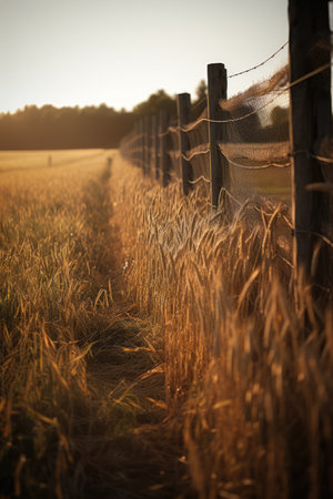 General scenery of wheat fields on sunny day, created using generative ai technology. Countryside, agriculture and landscape concept digitally generated image.の素材