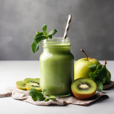 Green fruit smoothie and fruit on grey background, created using generative ai technology. Fruit smoothie, food and drink, healthy eating concept digitally generated image.の素材