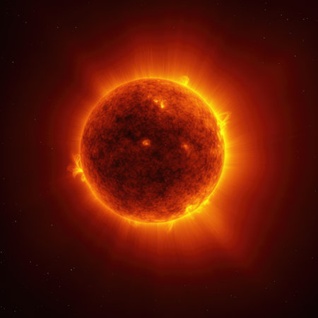 Glowing red sun with light trails and stars in space, created using generative ai technology. Space, stars, energy and light concept digitally generated image.の素材