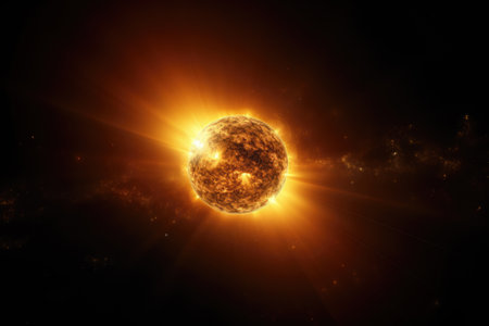 Glowing yellow sun with light trails and stars in space, created using generative ai technology. Space, stars, energy and light concept digitally generated image.の素材