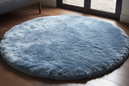 Blue round fluffy rug on floor in living room, created using generative ai technology. House interior design, decorations and textile concept digitally generated image.の素材