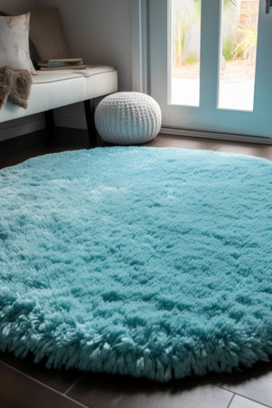 Blue round fluffy rug on floor in living room, created using generative ai technology. House interior design, decorations and textile concept digitally generated image.の素材