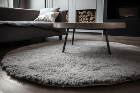 Grey round fluffy rug on floor in living room, created using generative ai technology. House interior design, decorations and textile concept digitally generated image.の素材