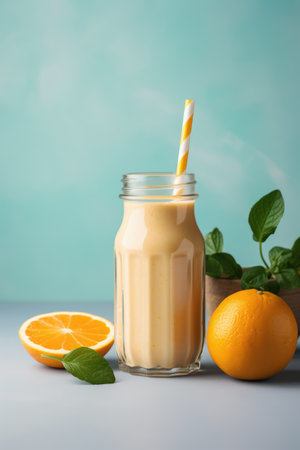 Orange smoothie and oranges on blue background, created using generative ai technology. Fruit smoothie, food and drink, healthy eating concept digitally generated image.の素材