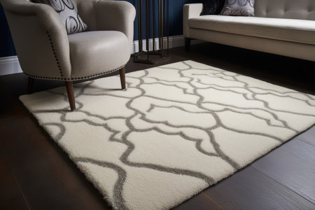 White rectangular rug with pattern on floor in living room, created using generative ai technology. House interior design, decorations and textile concept digitally generated image.の素材