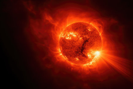 Glowing red sun with light trails on black background, created using generative ai technology. Space, stars, energy and light concept digitally generated image.の素材