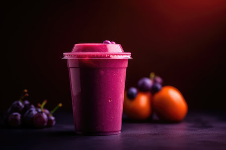 Fruit smoothie and fresh fruit on black background, created using generative ai technology. Fruit smoothie, food and drink, healthy eating concept digitally generated image.の素材