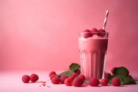 Raspberry smoothie and raspberries on pink background, created using generative ai technology. Fruit smoothie, food and drink, healthy eating concept digitally generated image.の素材