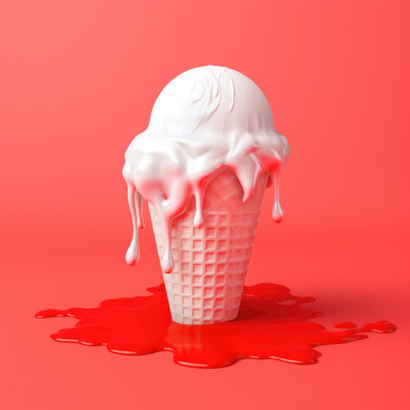 Vanilla ice cream in cone on red background, created using generative ai technology. Dessert, flavour, colours and food concept digitally generated image. Vの素材