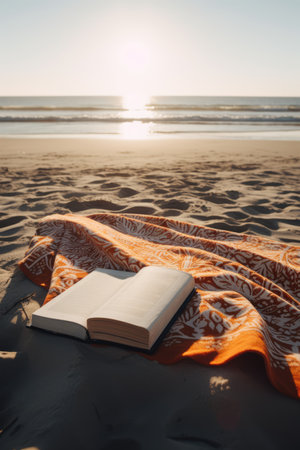 Orange towel with pattern and book on beach, created using generative ai technology. Seaside landscape, vacation, leisure, summer and nature concept digitally generated image.の素材