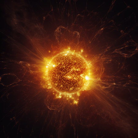 Glowing yellow sun with light trails on black background, created using generative ai technology. Space, stars, energy and light concept digitally generated image.の素材
