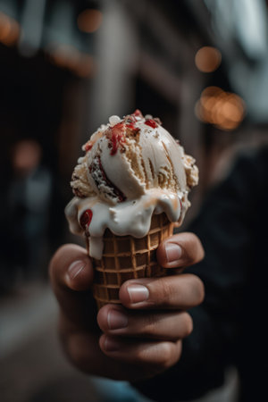 Hand of biracial man holding white ice cream in cone, created using generative ai technology. Dessert, flavour, colours and food concept digitally generated image.の素材