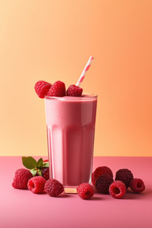 Raspberry smoothie and raspberries on orange background, created using generative ai technology. Fruit smoothie, food and drink, healthy eating concept digitally generated image.の素材