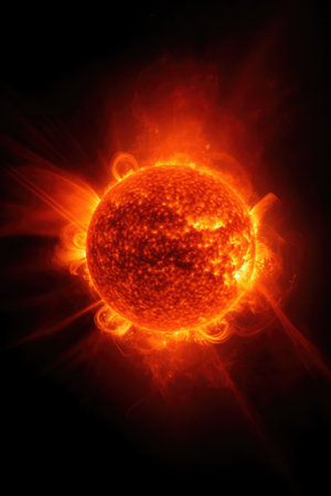 Glowing red sun with light trails on black background, created using generative ai technology. Space, stars, energy and light concept digitally generated image.の素材