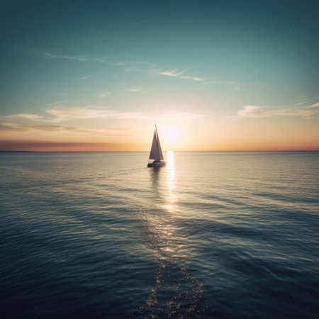 Sunset sky over sailing boat and ocean, created using generative ai technology. Sunset landscape, seaside, summer and nature concept digitally generated image.の素材