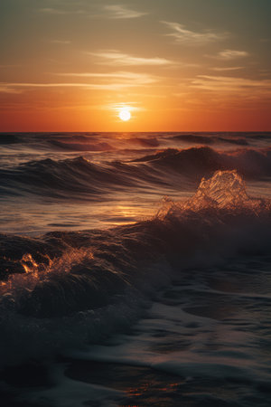 Sunset sky with clouds over ocean, created using generative ai technology. Sunset landscape, seaside, summer and nature concept digitally generated image.の素材