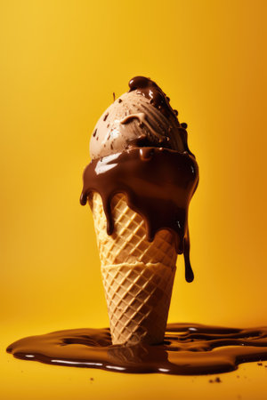 Chocolate ice cream in cone on yellow background, created using generative ai technology. Dessert, flavour, colours and food concept digitally generated image.の素材