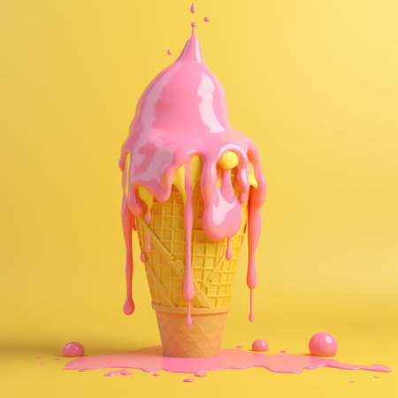Pink and yellow ice cream in cone on yellow background, created using generative ai technology. Dessert, flavour, colours and food concept digitally generated image.の素材