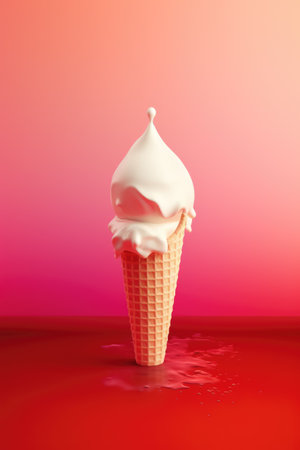 Vanilla ice cream in cone on red background, created using generative ai technology. Dessert, flavour, colours and food concept digitally generated image.の素材