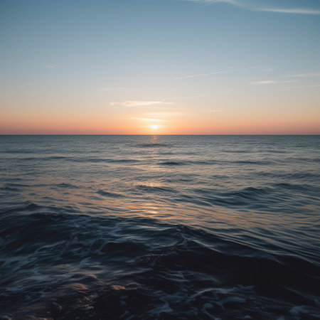 Sunset sky with clouds over ocean, created using generative ai technology. Sunset landscape, seaside, summer and nature concept digitally generated image.の素材