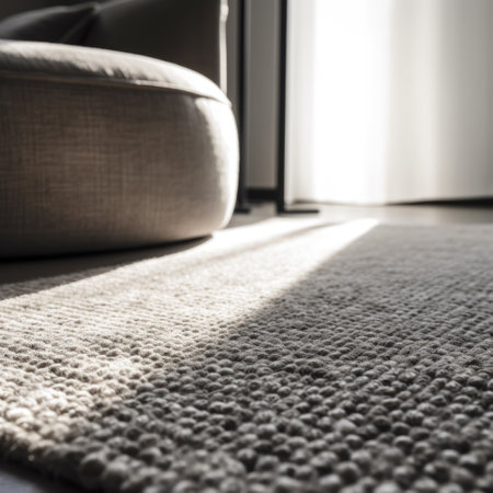 Close up of grey rectangular rug on floor in bedroom, created using generative ai technology. House interior design, decorations and textile concept digitally generated image.の素材