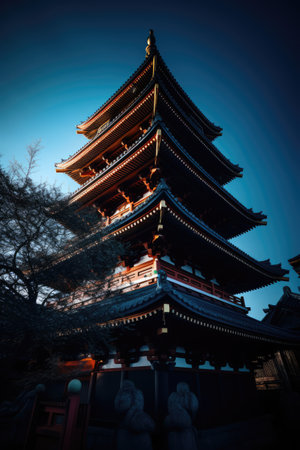 Japanese temple with oriental pattern over blue sky, created using generative ai technology. Architecture, culture, religion and tradition concept digitally generated image.の素材