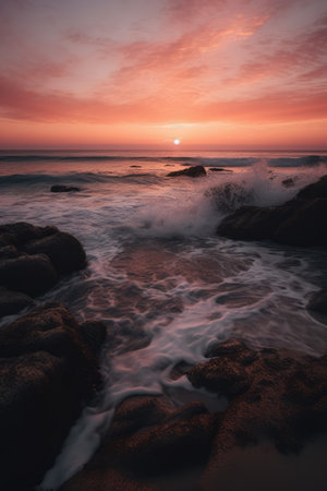 Sunset sky with clouds over ocean and rocks, created using generative ai technology. Sunset landscape, seaside, summer and nature concept digitally generated image.