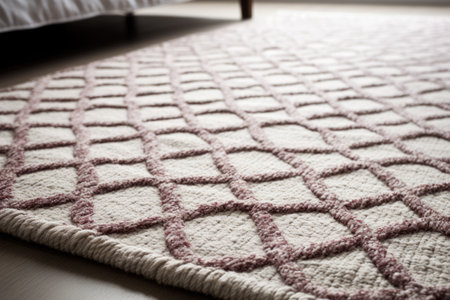 Close up of white rectangular rug with pattern on floor, created using generative ai technology. House interior design, decorations and textile concept digitally generated image.の素材