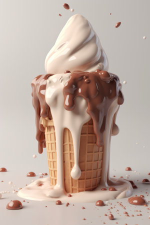 Vanilla and chocolate ice cream in cone on grey background, created using generative ai technology. Dessert, flavour, colours and food concept digitally generated image.の素材