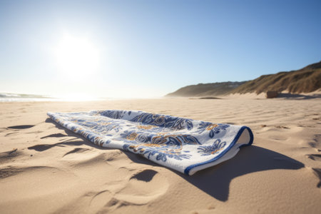 White towel with pattern on beach with dunes and blue sky, created using generative ai technology. Seaside landscape, vacation, leisure, summer and nature concept digitally generated image.の素材
