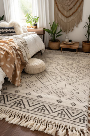 White rectangular rug with pattern on floor in bedroom, created using generative ai technology. House interior design, decorations and textile concept digitally generated image.の素材