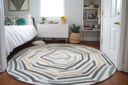 White round rug with colourful pattern on floor in bedroom, created using generative ai technology. House interior design, decorations and textile concept digitally generated image.の素材