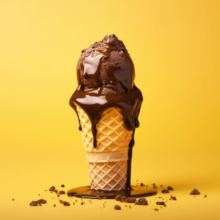 Chocolate ice cream in cone on yellow background, created using generative ai technology. Dessert, flavour, colours and food concept digitally generated image.の素材