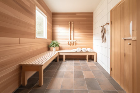 Interior of wooden sauna with accessories and window, created using generative ai technology. Sauna, relaxation and self care concept digitally generated image.の素材
