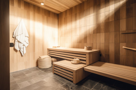 Interior of wooden sauna with bench and accessories, created using generative ai technology. Sauna, relaxation and self care concept digitally generated image.の素材