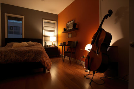 Brown cello leaning on wall in bedroom, created using generative ai technology. Music, instruments and hobbies concept digitally generated image.の素材