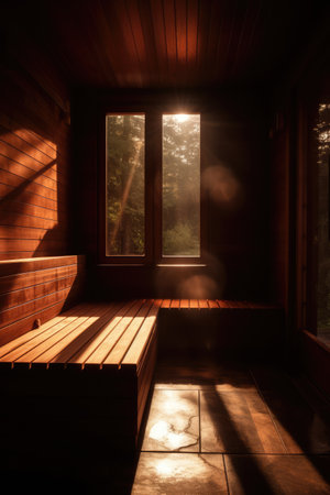 Interior of wooden sauna with window and view to trees, created using generative ai technology. Sauna, relaxation and self care concept digitally generated image.の素材