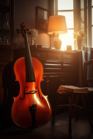 Brown cello leaning on cupboard in living room, created using generative ai technology. Music, instruments and hobbies concept digitally generated image.の素材