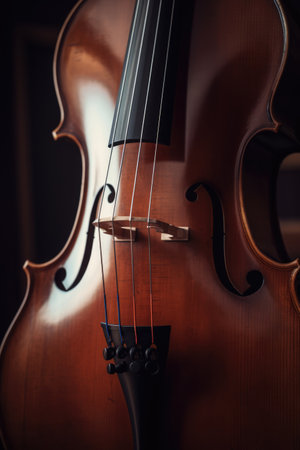 Close up of brown cello, created using generative ai technology. Music, instruments and hobbies concept digitally generated image.の素材