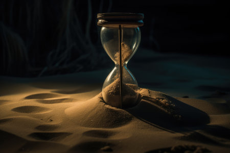 Close up of hourglass on sand in desert at night, created using generative ai technology. Waiting, aging, lifespan and time concept, digitally generated image.の素材