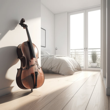 Brown cello leaning on wall in sunny bedroom, created using generative ai technology. Music, instruments and hobbies concept digitally generated image.の素材