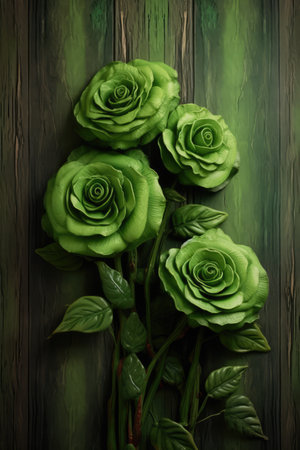 Green roses on green wooden background, created using generative ai technology. Flower, nature, colour and wallpaper concept digitally generated image.の素材