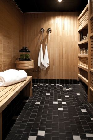 Interior of wooden sauna with bench and accessories, created using generative ai technology. Sauna, relaxation and self care concept digitally generated image.の素材